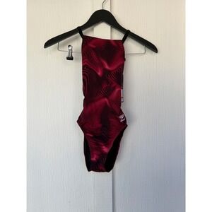 NWT Speedo Endurance+ One Piece Swimsuit Maroon Swirl Cross Back Racing Cut 24